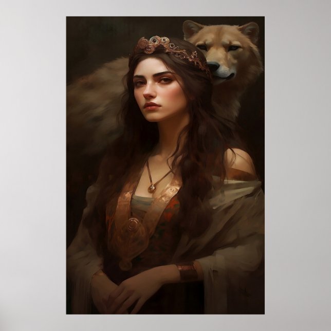 Woman and Wolf Poster Art Print Wall Art (Front)
