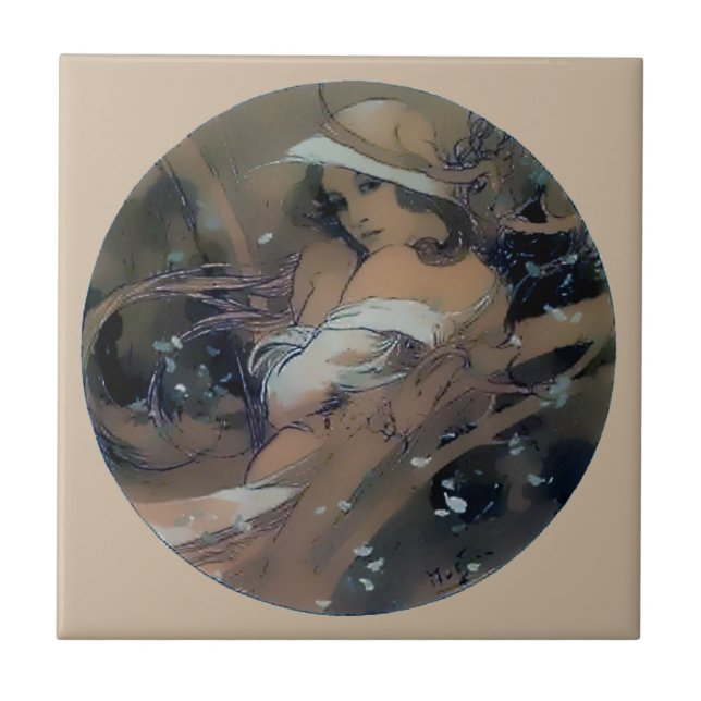 Woman Art Nouveau Mucha Winter Tile (Front)