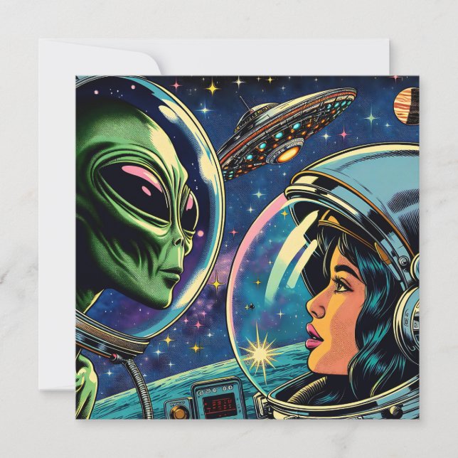 Woman Astronaut Meets Extraterrestrial Alien Card (Front)