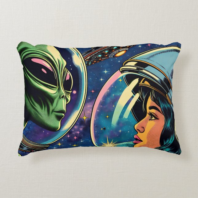 Woman Astronaut Meets Extraterrestrial Alien Decorative Cushion (Front)