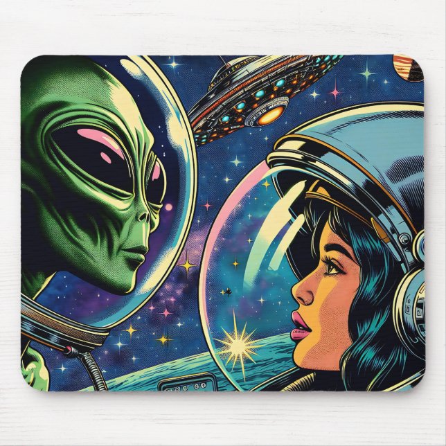 Woman Astronaut Meets Extraterrestrial Alien Mouse Mat (Front)
