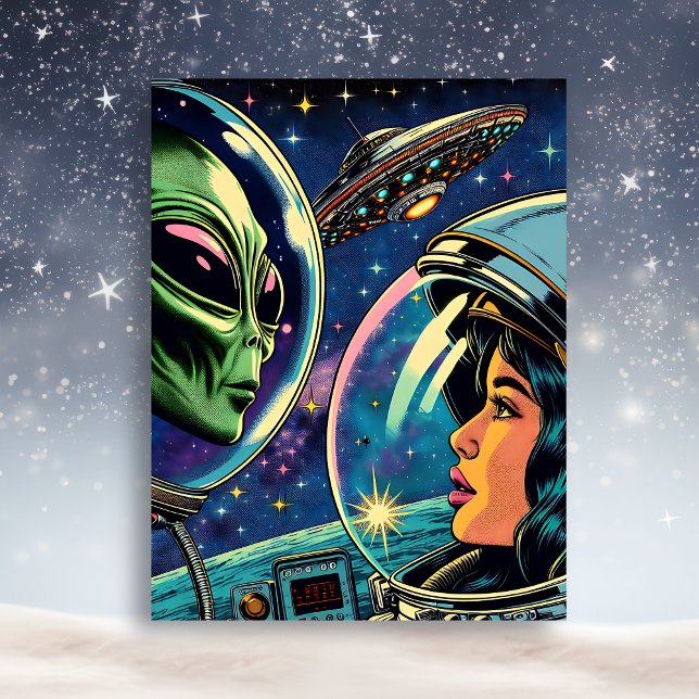 Woman Astronaut Meets Extraterrestrial Alien Postcard (Creator Uploaded)