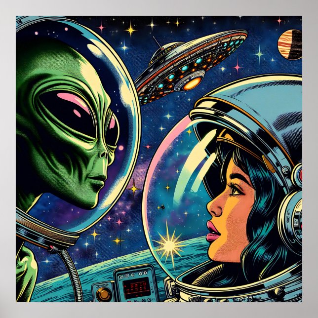 Woman Astronaut Meets Extraterrestrial Alien Poster (Front)