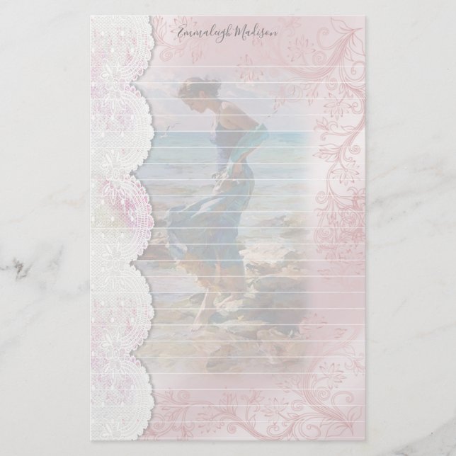 Woman at Beach Faux Lace Lined Stationery (Front)