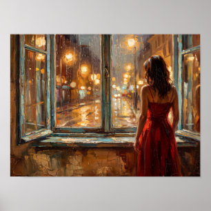 Woman at Rainy Window Painting Poster