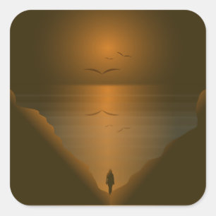 WOMAN AT SEA SUNSET SQUARE STICKER
