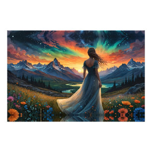 Woman at Sunrise Floral field over Mountain Lake Photo Print