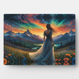 Woman at Sunrise Floral field over Mountain Lake Plaque