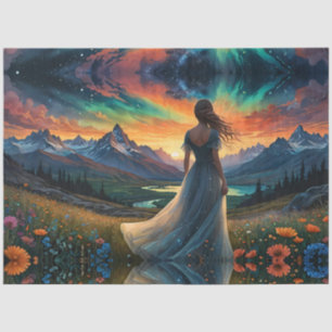 Woman at Sunrise Floral field over Mountain Lake  Tissue Paper