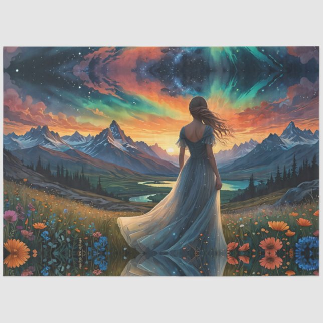 Woman at Sunrise Floral field over Mountain Lake  Tissue Paper (Front)