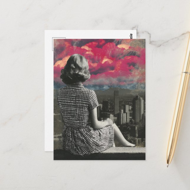 Woman at the top of the City Pink Clouds Postcard (Front/Back In Situ)