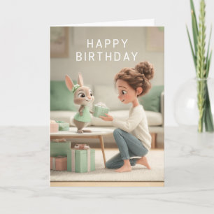 Woman & Baby Bunny in Mint Green Dress Birthday Card