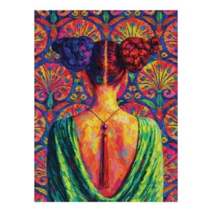 Woman Back View Colourful Buns Floral Pattern  Photo Print