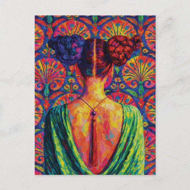 Woman Back View Colourful Buns Floral Pattern  Postcard (Front)
