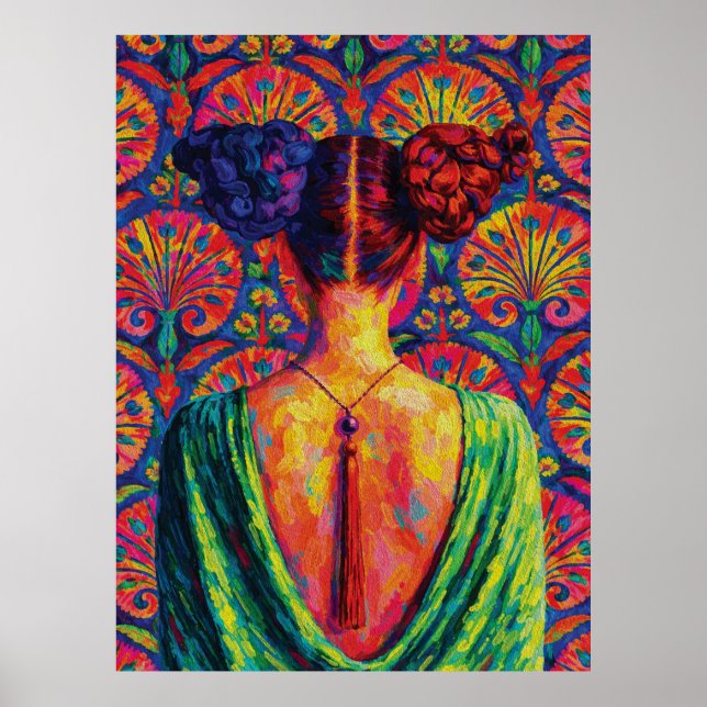 Woman Back View Colourful Buns Floral Pattern  Poster (Front)