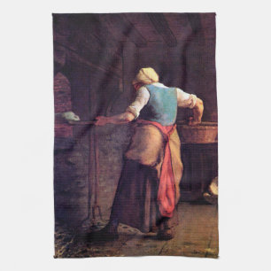 Woman Baking Bread, Jean-Francois Millet Tea Towel