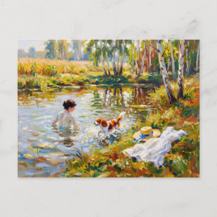 Woman Bathing in Pond with Cavalier Spaniel Postcard