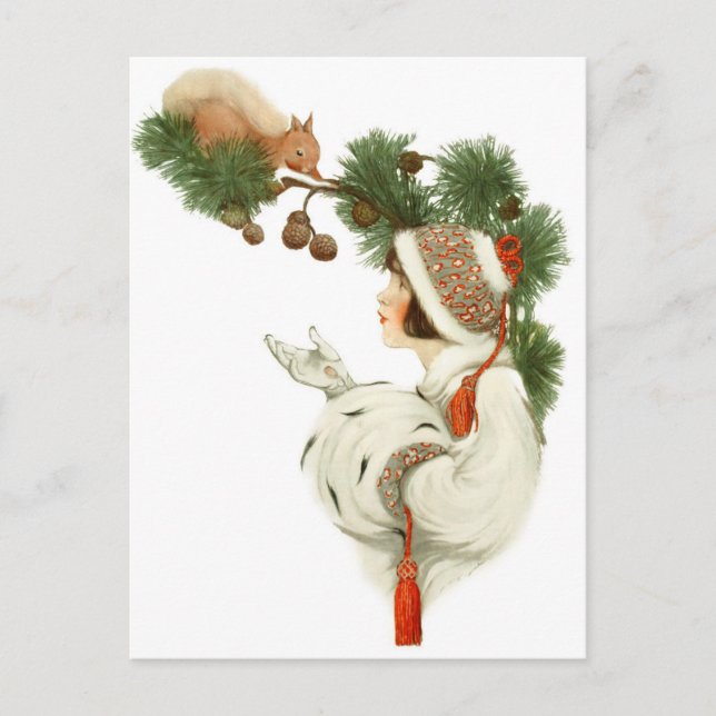 Woman Befriends Squirrel at Christmas Time Holiday Postcard (Front)