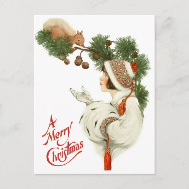 Woman Befriends Squirrel at Christmas Time Holiday Postcard (Front)