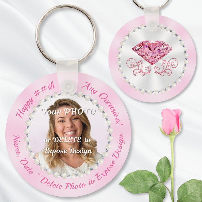 Woman Birthday Party Favours for Adults, PHOTO Key Ring (Ideas for goodie bags for adults. Personalized photo keychains. Diamonds and Pearls party theme.)