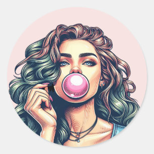 Woman Blowing Bubble gum bubble art Classic Round Sticker