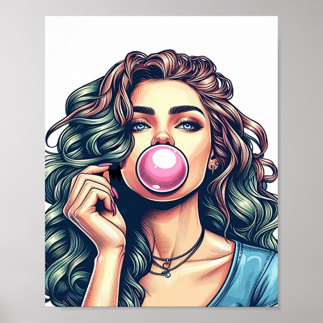Woman Blowing Bubble gum bubble art Poster (Front)
