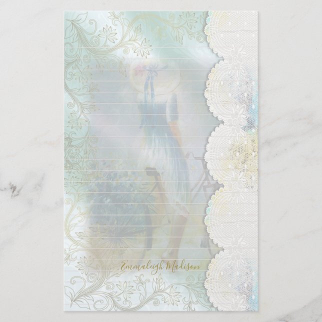 Woman Blue Dress Riding Bike Faux Lace Lined Stationery (Front)