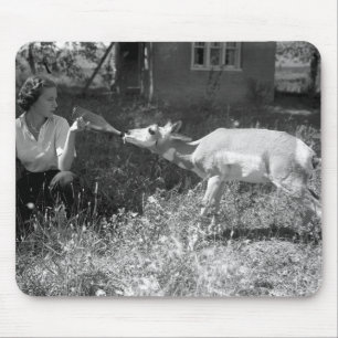 Woman bottle feeding an antelope. mouse mat