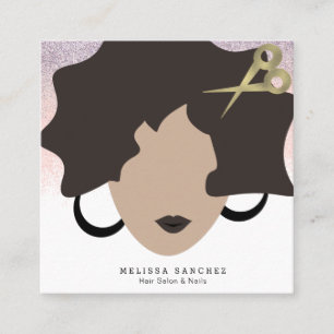 Woman Brown Hair Faux Gold Glitter Salon Beauty Square Business Card