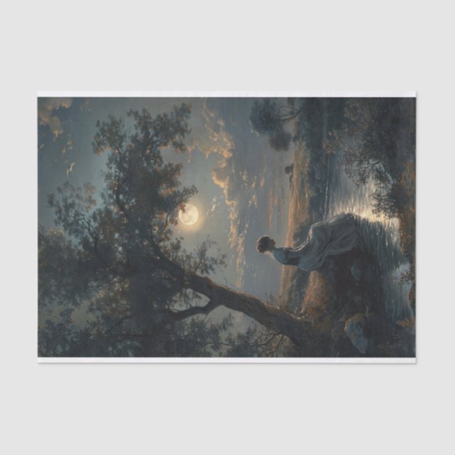 Woman by River Full Moon Painting Decoupage Tissue Paper (Front)