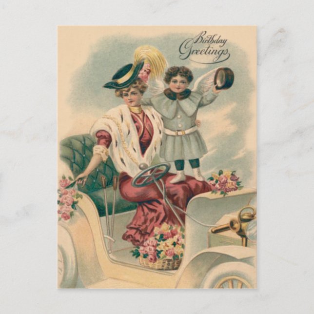 Woman Car Cherub Angel Roses Postcard (Front)
