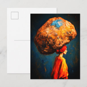 Woman Carrying Heavy Rock Burden Symbolism Impasto Postcard