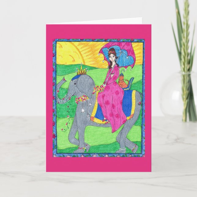 Woman, Cat, Elephant, India Greeting Card (Front)