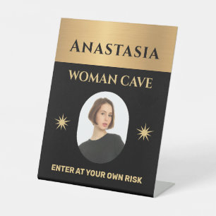 Woman Cave Gold Black Warning Personalise Pedestal Sign