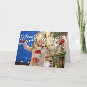 Woman Celebrates Christmas With Arms in the Air Card