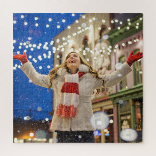 Woman Celebrates Christmas With Arms in the Air Jigsaw Puzzle
