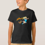 Woman Celebrates Hanukkah - T-Shirt<br><div class="desc">This design features a colourful cartoon figure wearing a blue dress waving a flag with "Happy Hanukkah" on it. A brown dog is following her as she celebrates the holiday. These tees are available in assorted styles,  colours and sizes.</div>