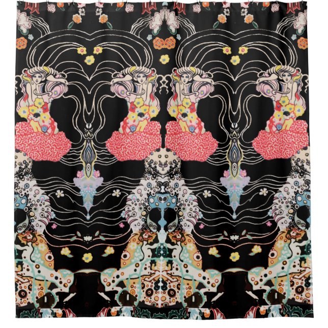 WOMAN,CENTAUR FLORAL Red Black White Klimt Pattern Shower Curtain (Front)