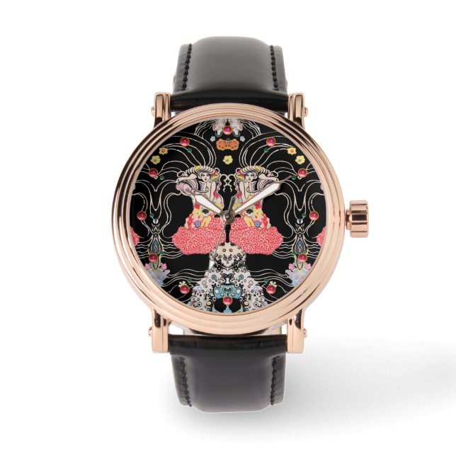 WOMAN,CENTAUR FLORAL Red Black White Klimt Pattern Watch (Front)