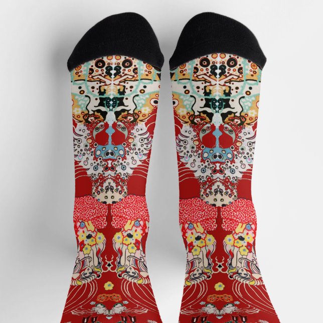 WOMAN,CENTAUR FLORAL Red White Klimt Pattern Socks (Top)
