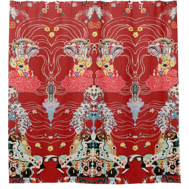 WOMAN,CENTAUR FLORAL Royal Red White Klimt Pattern Shower Curtain (Front)