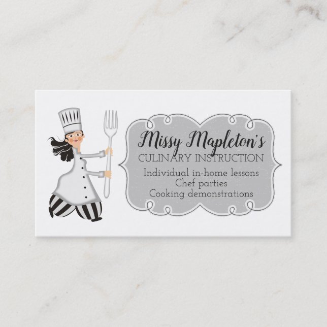 Woman chef black hair fork catering business card (Front)