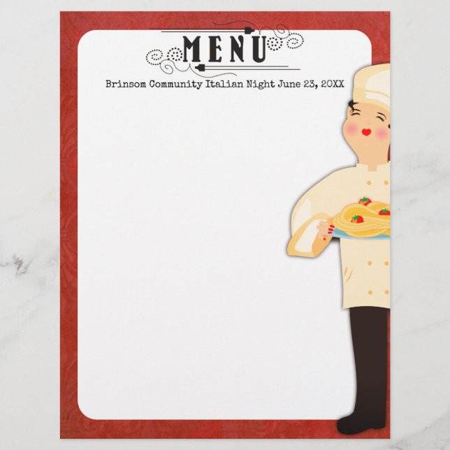 Woman chef Italian pasta spaghetti menu letterhead (Front)