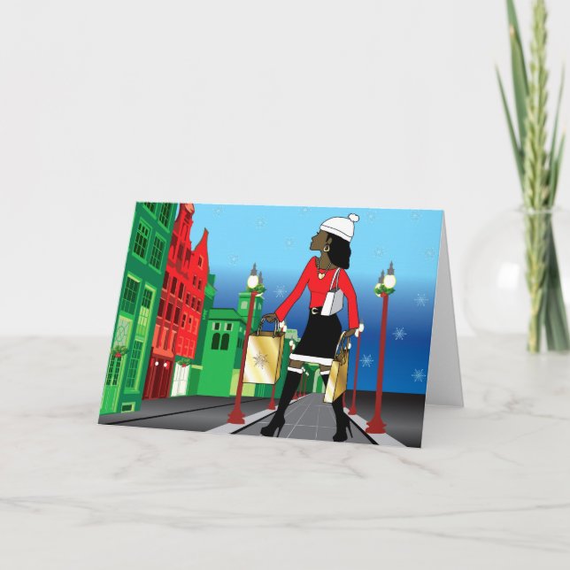 Woman Christmas shopping with bags dressed fashion Holiday Card (Front)