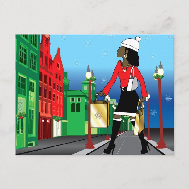 Woman Christmas shopping with bags dressed fashion Holiday Postcard (Front)