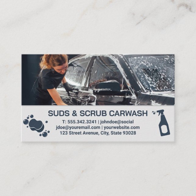 Woman Cleaning Automobile | Carwash Worker Business Card (Front)