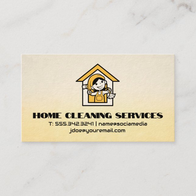 Woman Cleaning Home Logo | Yellow Business Card (Front)