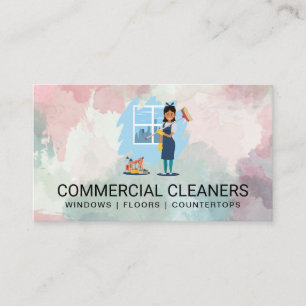 Woman Cleaning Watercolor Background Business Card