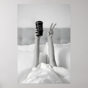 Woman Coffee in Bed Print, Black and White Kitchen Poster