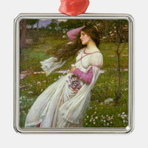 Woman Collecting Flowers in the Wind Metal Tree Decoration